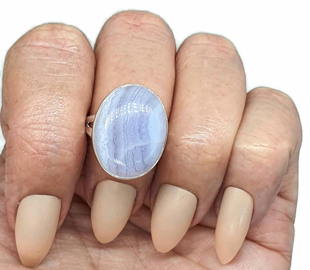 Blue Lace Agate Ring, Size 8, Sterling Silver, Oval Shaped - GemzAustralia 