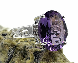 Amethyst & Natural White Zircon Ring, 4 Sizes, Sterling Silver, 6.5 carats - GemzAustralia 