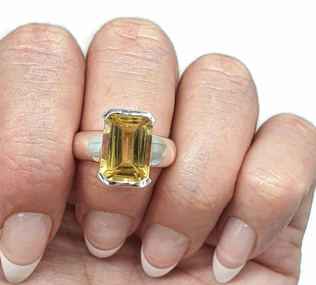 Citrine Rectangle Ring, 4 sizes, Sterling Silver, Emerald Faceted, November Birthstone - GemzAustralia 