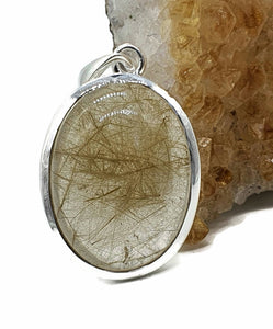 Golden Rutilated Quartz Pendant, Sterling Silver, Oval Shaped, 45 Carats - GemzAustralia 