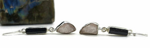 Raw Rose Quartz & Black Tourmaline Earrings, Sterling Silver, Rough Gemstones - GemzAustralia 