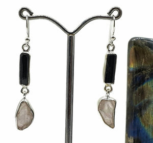 Raw Rose Quartz & Black Tourmaline Earrings, Sterling Silver, Rough Gemstones - GemzAustralia 