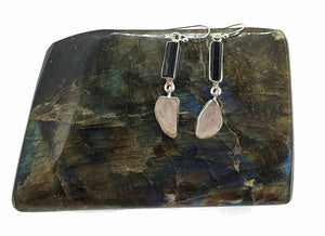 Raw Rose Quartz & Black Tourmaline Earrings, Sterling Silver, Rough Gemstones - GemzAustralia 