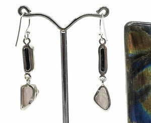 Raw Rose Quartz & Black Tourmaline Earrings, Sterling Silver, Rough Gemstones - GemzAustralia 