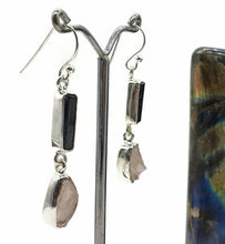 Load image into Gallery viewer, Raw Rose Quartz &amp; Black Tourmaline Earrings, Sterling Silver, Rough Gemstones - GemzAustralia 