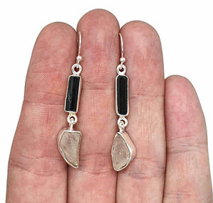 Raw Rose Quartz & Black Tourmaline Earrings, Sterling Silver, Rough Gemstones - GemzAustralia 