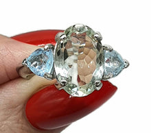 Load image into Gallery viewer, Green Amethyst &amp; Blue Topaz Trilogy Ring, 2 sizes, Sterling Silver, Three Stone Ring - GemzAustralia 