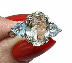 Green Amethyst & Blue Topaz Trilogy Ring, 2 sizes, Sterling Silver, Three Stone Ring - GemzAustralia 