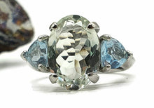Load image into Gallery viewer, Green Amethyst &amp; Blue Topaz Trilogy Ring, 2 sizes, Sterling Silver, Three Stone Ring - GemzAustralia 