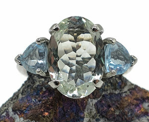 Green Amethyst & Blue Topaz Trilogy Ring, 2 sizes, Sterling Silver, Three Stone Ring - GemzAustralia 