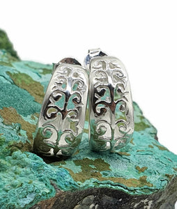 Three Quarter Hoop Earrings, Sterling Silver, Filigree Design, Silver Hoops - GemzAustralia 