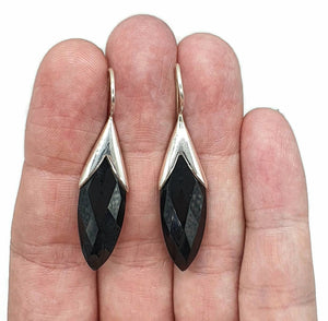 Black Onyx Earrings, Sterling Silver, Marquise Shaped, Checkerboard Faceted - GemzAustralia 