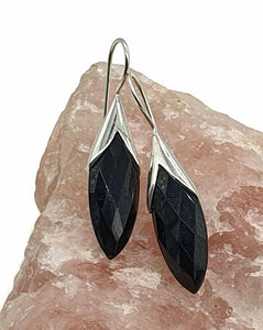 Black Onyx Earrings, Sterling Silver, Marquise Shaped, Checkerboard Faceted - GemzAustralia 