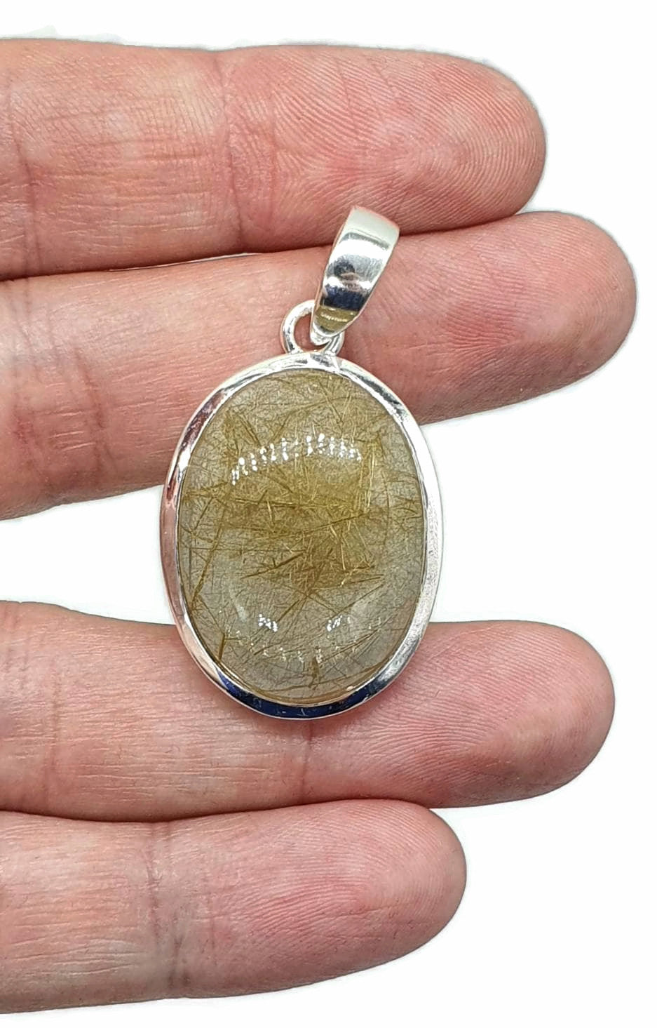 Golden Rutilated Quartz Pendant, Sterling Silver, Oval Shaped, 45 Carats - GemzAustralia 