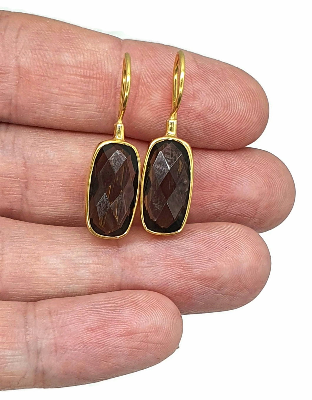 Smoky Quartz Earrings, Sterling Silver, 18K Gold Plated, Rectangle Shape - GemzAustralia 