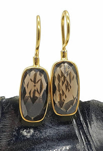 Smoky Quartz Earrings, Sterling Silver, 18K Gold Plated, Rectangle Shape - GemzAustralia 