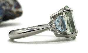 Green Amethyst & Blue Topaz Trilogy Ring, 2 sizes, Sterling Silver, Three Stone Ring - GemzAustralia 