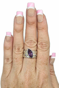 Amethyst & Blue Topaz Ring, Size 8.5, Wide band, Sterling Silver, Marquise Shape - GemzAustralia 