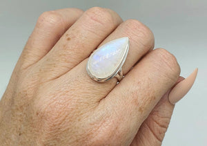 Rainbow Moonstone Ring, Size 7, Sterling Silver, Pear Shape, Natural Gem - GemzAustralia 