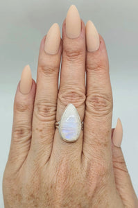 Rainbow Moonstone Ring, Size 7, Sterling Silver, Pear Shape, Natural Gem - GemzAustralia 