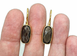 Smoky Quartz Earrings, Sterling Silver, 18K Gold Plated, Rectangle Shape - GemzAustralia 