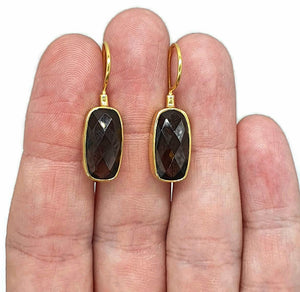 Smoky Quartz Earrings, Sterling Silver, 18K Gold Plated, Rectangle Shape - GemzAustralia 