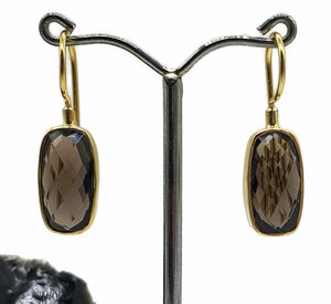 Smoky Quartz Earrings, Sterling Silver, 18K Gold Plated, Rectangle Shape - GemzAustralia 