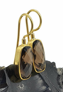 Smoky Quartz Earrings, Sterling Silver, 18K Gold Plated, Rectangle Shape - GemzAustralia 