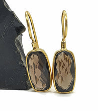 Load image into Gallery viewer, Smoky Quartz Earrings, Sterling Silver, 18K Gold Plated, Rectangle Shape - GemzAustralia 