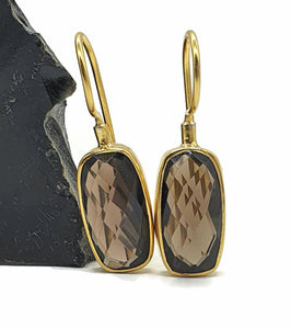 Smoky Quartz Earrings, Sterling Silver, 18K Gold Plated, Rectangle Shape - GemzAustralia 