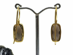 Smoky Quartz Earrings, Sterling Silver, 18K Gold Plated, Rectangle Shape - GemzAustralia 