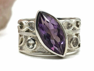 Amethyst & Blue Topaz Ring, Size 8.5, Wide band, Sterling Silver, Marquise Shape - GemzAustralia 