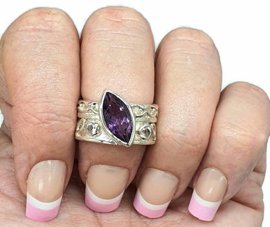 Amethyst & Blue Topaz Ring, Size 8.5, Wide band, Sterling Silver, Marquise Shape - GemzAustralia 