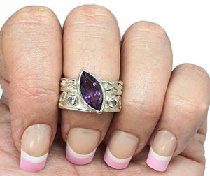 Amethyst & Blue Topaz Ring, Size 8.5, Wide band, Sterling Silver, Marquise Shape - GemzAustralia 