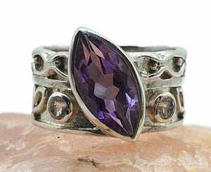 Amethyst & Blue Topaz Ring, Size 8.5, Wide band, Sterling Silver, Marquise Shape - GemzAustralia 