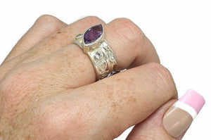 Amethyst & Blue Topaz Ring, Size 8.5, Wide band, Sterling Silver, Marquise Shape - GemzAustralia 