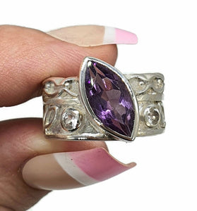 Amethyst & Blue Topaz Ring, Size 8.5, Wide band, Sterling Silver, Marquise Shape - GemzAustralia 