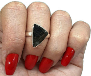 Shungite Ring, Size 8.75, Sterling Silver, Triangle Shaped, Black Lustrous Gem - GemzAustralia 