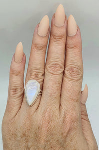 Rainbow Moonstone Ring, Size 7, Sterling Silver, Pear Shape, Natural Gem - GemzAustralia 