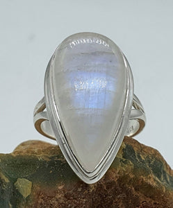 Rainbow Moonstone Ring, Size 7, Sterling Silver, Pear Shape, Natural Gem - GemzAustralia 