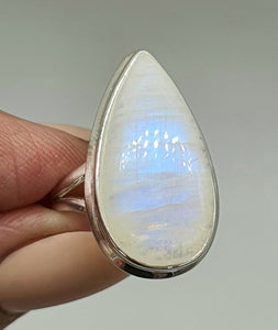 Rainbow Moonstone Ring, Size 7, Sterling Silver, Pear Shape, Natural Gem - GemzAustralia 