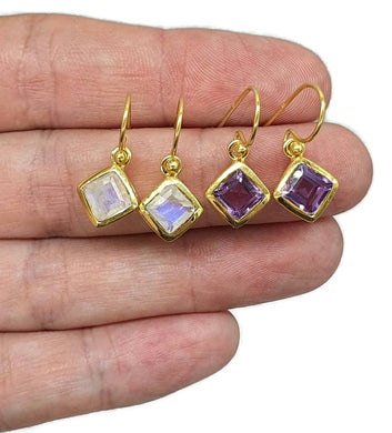 Amethyst or Rainbow Moonstone Earrings, Sterling Silver, 18K gold plated - GemzAustralia 