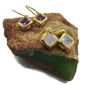 Amethyst or Rainbow Moonstone Earrings, Sterling Silver, 18K gold plated - GemzAustralia 