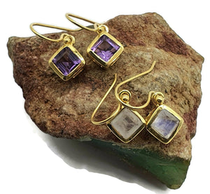 Amethyst or Rainbow Moonstone Earrings, Sterling Silver, 18K gold plated - GemzAustralia 