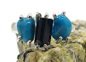 Rough Blue Turquoise & Black Tourmaline Ring, Size 8, Sterling Silver - GemzAustralia 