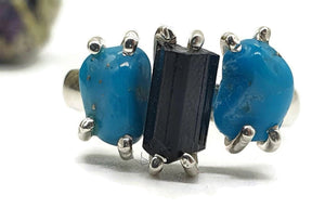 Rough Blue Turquoise & Black Tourmaline Ring, Size 8, Sterling Silver - GemzAustralia 
