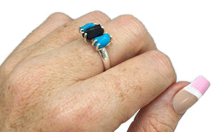 Rough Blue Turquoise & Black Tourmaline Ring, Size 8, Sterling Silver - GemzAustralia 