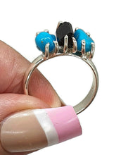 Load image into Gallery viewer, Rough Blue Turquoise &amp; Black Tourmaline Ring, Size 8, Sterling Silver - GemzAustralia 