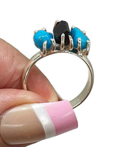 Rough Blue Turquoise & Black Tourmaline Ring, Size 8, Sterling Silver - GemzAustralia 