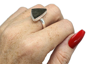 Shungite Ring, Size 8.75, Sterling Silver, Triangle Shaped, Black Lustrous Gem - GemzAustralia 